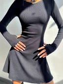 Kadın Uzun Kollu Bisiklet Yaka Kısa Kaşkorse Elbise - 4