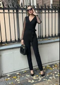 Krep Kumaş Kol Tül Puan Detaylı Kuşaklı Tulum 141 Cm - 6