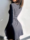 Kadın Uzun Kollu Bisiklet Yaka Kısa Kaşkorse Elbise - 2