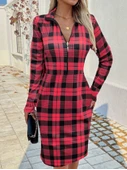 Kadın Uzun Kollu Fermuarlı Ekose Baskılı Dalgıç Elbise - 1