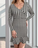 Kadın Uzun Kollu Kruvaze Yaka Kazayağı Mikro Mini Boy Elbise - 5