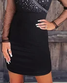 Kadın Uzun Kollu Kruvaze Yaka üst Kısım Taşlı Detay Krep Mini Boy Elbise - 4