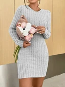 Kadın Uzun Kollu Bisiklet Yaka şardonlu Kalın Fitilli Kaşkorse Mini Boy Elbise - 5