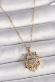 316L Çelik Gold Renk Zincir Renkli Zirkon Taşlı Kalp Model Kadın Kolye - TJ-BKO9753 - 1