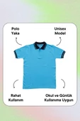 Lacivert Yakalı Turkuaz Kısa Kol Düz Renk 6-16 Yaş Çocuk Okul Lakos Tişört Polo Yaka T-shirt - 4