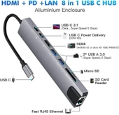 Alfais 4681 Type C To Hdmi Usb 3.0 Sd MicroSD 8in1 Kart Rj45 Ethernet Çevirici Dönüştürücü Adaptör - 2