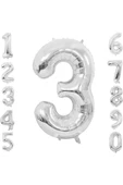 Gümüş  Folyo Balon 3 Rakam 100 cm (40 İnç)  3 Yaş Balonu - 3 Yaş Balon - 3 Rakam Balon - 1