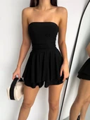 Straplez Sandy Kumaş Şortlu Prenses Etek Mini Kloş Elbise - Siyah thumbnail 1