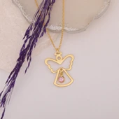 925 Ayar Gümüş Pembe Taşlı Hareli Melek Kolye thumbnail 3