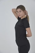 Kadın Omuz Fileli Slim Fit T-shirt - Siyah - 2