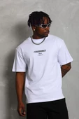 Unisex Oversize Baskılı Bisiklet Yaka T-Shirt - Beyaz - 2