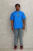 Unisex Oversize Baskılı Bisiklet Yaka T-Shirt - Mavi - 3