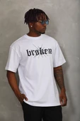 Unisex Oversize Baskılı Bisiklet Yaka T-Shirt - Beyaz - 1