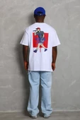 Unisex Oversize Baskılı Bisiklet Yaka T-Shirt - Beyaz - 1