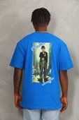 Unisex Oversize Baskılı Bisiklet Yaka T-Shirt - Mavi - 5