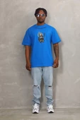 Unisex Oversize Baskılı Bisiklet Yaka T-Shirt - Mavi - 4