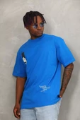 Unisex Oversize Baskılı Bisiklet Yaka T-Shirt - Mavi - 1
