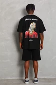 Unisex Oversize Baskılı Bisiklet Yaka T-Shirt - Siyah - 5