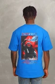 Unisex Oversize Baskılı Bisiklet Yaka T-Shirt - Mavi - 4