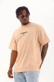 Unisex Oversize Baskılı Bisiklet Yaka T-Shirt - Bej - 1