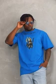 Unisex Oversize Baskılı Bisiklet Yaka T-Shirt - Mavi - 1