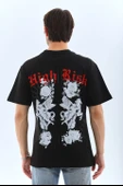 Unisex Oversize Baskılı Bisiklet Yaka T-Shirt - Siyah - 2