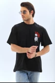 Unisex Oversize Baskılı Bisiklet Yaka T-Shirt - Siyah - 1