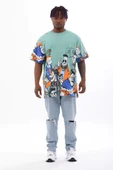 Unisex Oversize Baskılı Bisiklet Yaka T-Shirt - Mint Yeşili - 1