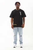 Unisex Oversize Baskılı Bisiklet Yaka T-Shirt - Siyah - 3