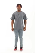 Unisex Oversize Baskılı Bisiklet Yaka T-Shirt - Füme - 4