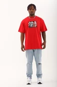Unisex Oversize Baskılı Bisiklet Yaka T-Shirt - Kırmızı - 4