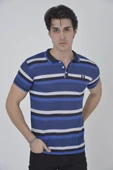 Erkek Yakalı Slim Fit Dokuma Çizgili T-Shirt - Mavi - 1
