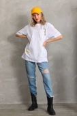 Unisex Baskılı Oversize T-Shirt - Beyaz - 6