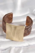 Kahverengi Mermer Desen Akrilik Plastik Gold Kare Plaka Model Vintage Kadın Bilezik - EBJ250201W30895 thumbnail 2