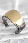 Siyah Mermer Desen Akrilik Plastik Gold Oval Plaka Model Vintage Kadın Bilezik - EBJ250201W30896 - 1