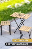Bino Bahçe Masası Kamp Masası Yükseklik Ayarlı Masa Sandalye Bistro Ahşap Kamp Masası Taburesi 3'lü Set - 1