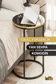 Bino Yan Sehpa C Sehpa Orta Sehpa Masa Servis Sehpası Mermer Desenli 39 CM Geniş Büyük Ahşap Dekoratif - 5
