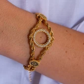 Çeyrek Altın Çerçeve Bileklik Çelik Altın Kaplama Nazar Boncuklu Model BLK-1067 thumbnail 3