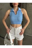 Polo Yaka Kalın Askılı Crop Top - 2