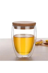 Perotti Çift Cidarlı Bambu Kapaklı Cam Bardak Kupa 350 ml 12462 - 1