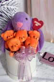SOLE Premium Özel Hediye Kutusunda  45 cm Bunny Tavşan ve 5 Adet Turuncu Peluş Ayıcık Buketi - 4