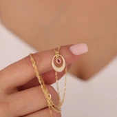 Vaoov 925 Ayar Gümüş Pembe Taşlı Singapur Zincirli Oval Kolye thumbnail 1