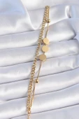 316L Çelik Gold Renk 2'li Zincir Model Daire Plaka Figür Kadın Bileklik - TJ-BB6451 - 1