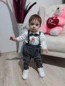 9-12-18 Ay Papyonlu Sweat Kot Pantolon 2li Erkek Bebek Salopet Takımı Gri - 4
