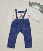 9-12-18 Ay Papyonlu Sweat Kot Pantolon 2li Erkek Bebek Salopet Takımı Lacivert - 5