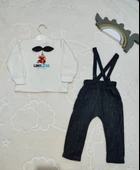 9-12-18 Ay Papyonlu Sweat Kot Pantolon 2li Erkek Bebek Salopet Takımı Gri - 2
