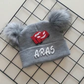 MARS BABY Erkek Bebek Çocuk Kişiye Özel İsimli Gri Çift Ponponlu Triko Bere - 1