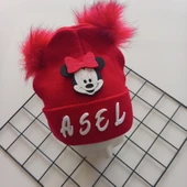 MARS BABY Kız Bebek Çocuk Kişiye Özel İsimli Kırmızı Çift Ponponlu Triko Bere - 2