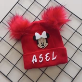 MARS BABY Kız Bebek Çocuk Kişiye Özel İsimli Kırmızı Beyaz Çift Ponponlu Triko Bere - 1