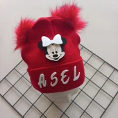 MARS BABY Kız Bebek Çocuk Kişiye Özel İsimli Kırmızı Beyaz Çift Ponponlu Triko Bere - 2